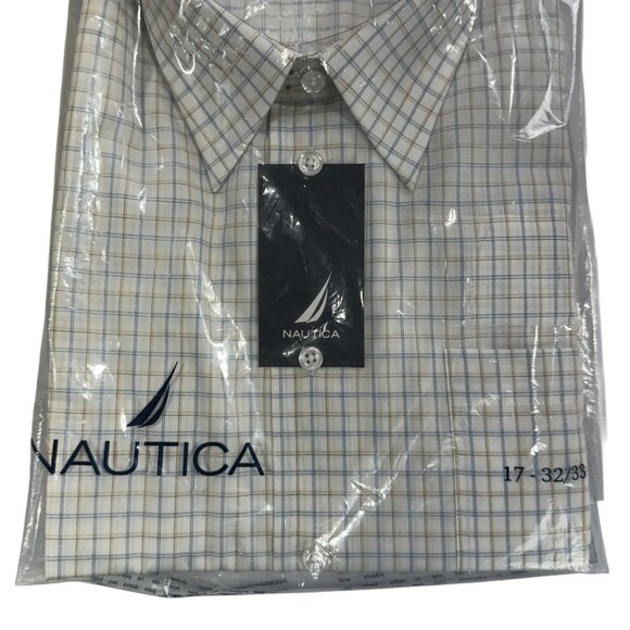 Nautica Mens Dress Shirt 100% Cotton White & Blue Plaid Button-Up Size 17 32/33 - Picture 3 of 7